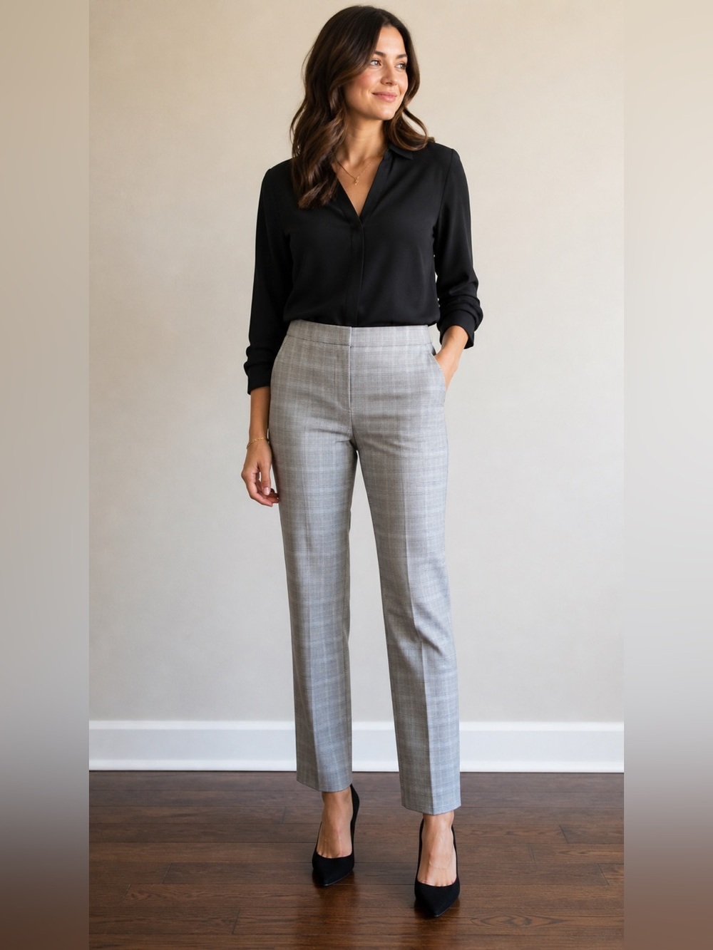 Ann Taylor Gray Plaid Straight-Leg Trousers